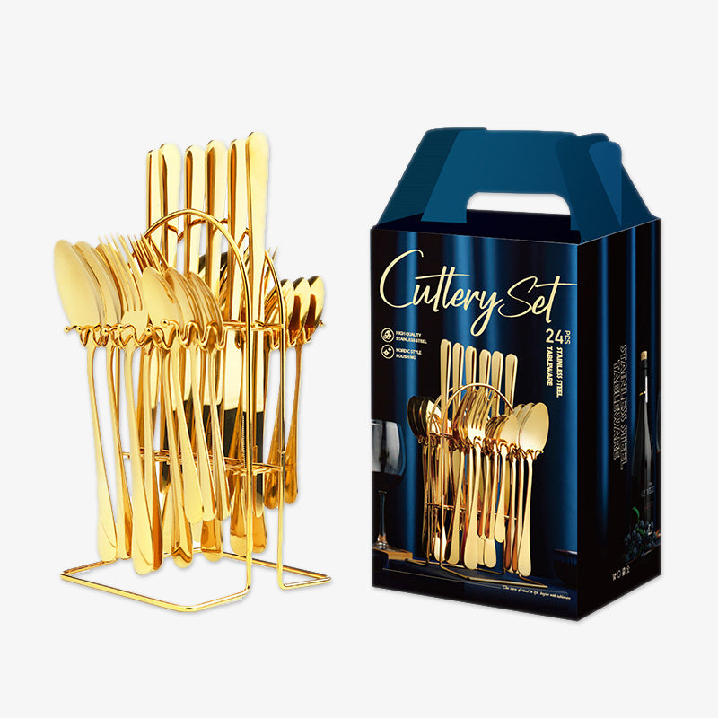 24 Piece Flatware Set with Painted Handle and Stand, Service for 6-Gold