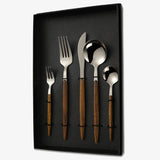 5 Pieces Silver Stainless Steel Flatware Set with Brown Wood Handle