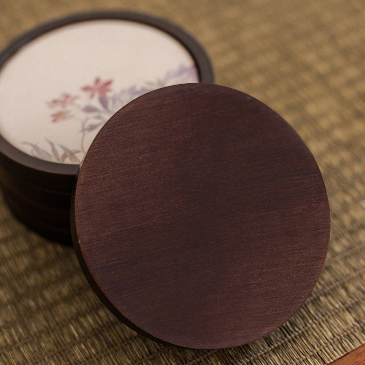 Hand-Painted Floral Bamboo Coasters, Set of 6-Round-Back