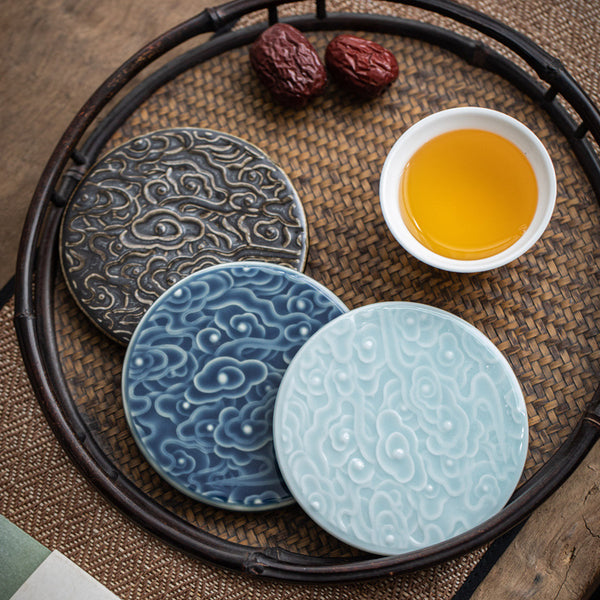 Auspicious-Cloud Round Ceramic Coasters, Set of 4