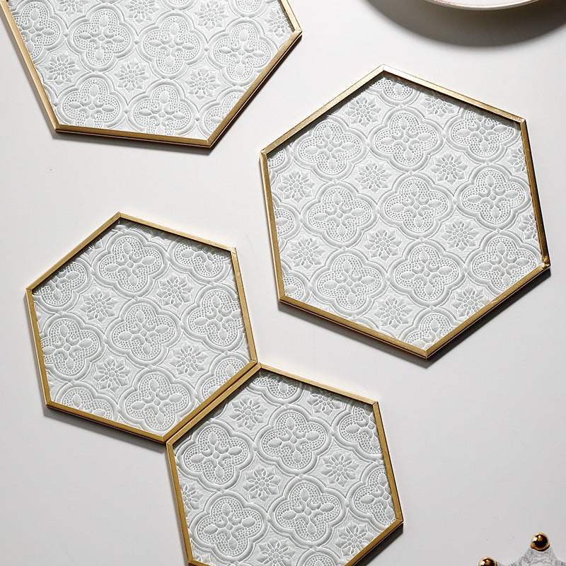 Embossed Hexagon Coasters with Gold Edge, Set of 4