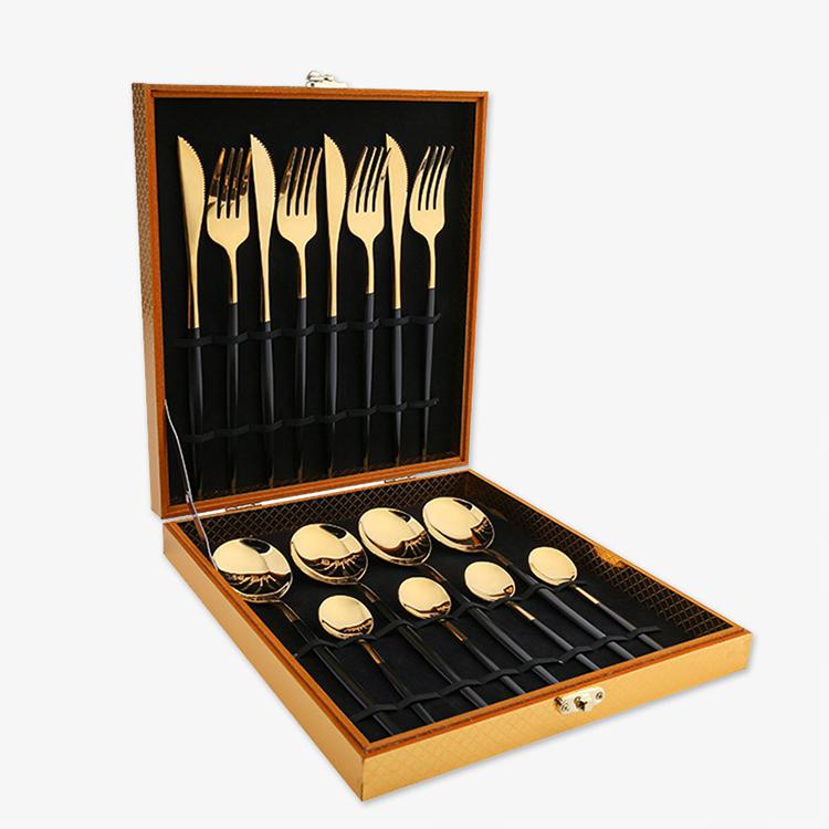 16 Pieces Black Gold Stainless Steel Flatware Set in Wooden Box-Handle Details