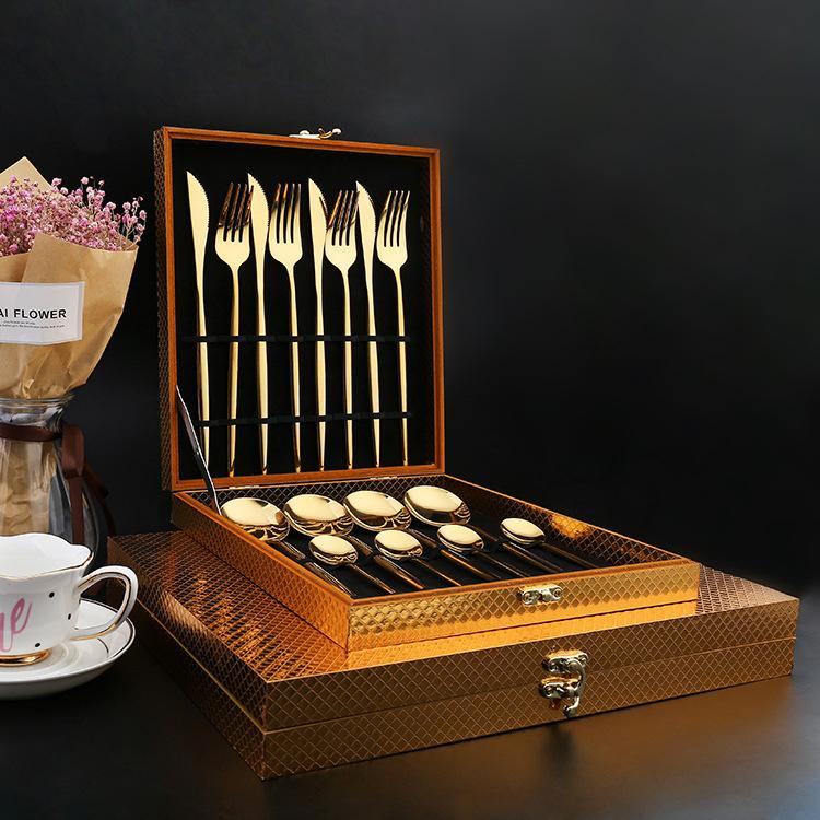 16 Pieces Gold Stainless Steel Flatware Set in Wooden Box