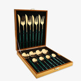 16 Pieces Green Gold Stainless Steel Flatware Set in Wooden Box-Handle Details