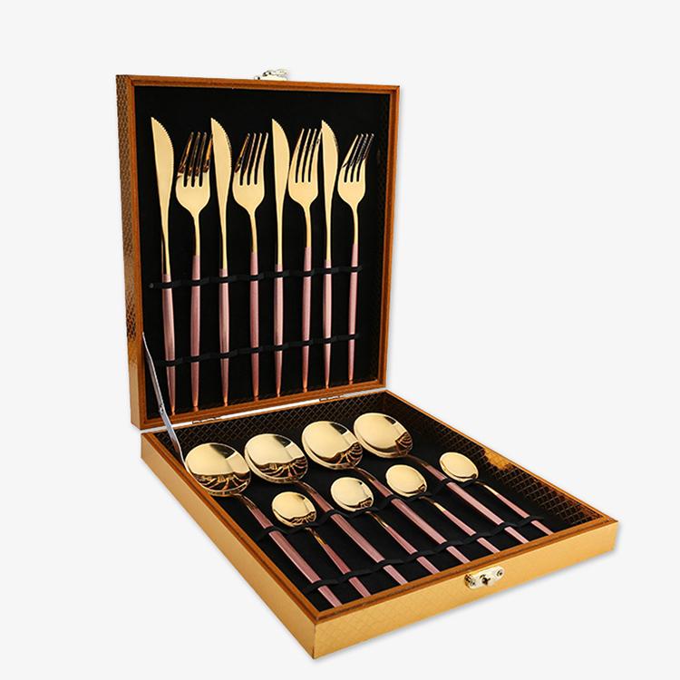 16 Pieces Pink Gold Stainless Steel Flatware Set in Wooden Box-Handle Details