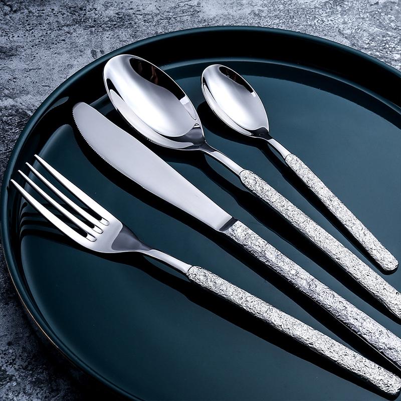 4 Pieces Silver Stainless Steel  Flatware Set with Stone-grained Handle-Handle Details