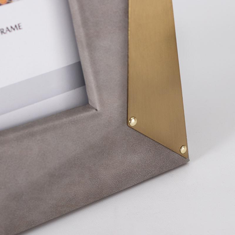 Gray Leather and Gold Metal Picture Frame-Details