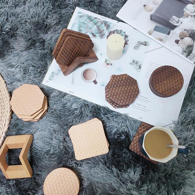 Wood  Honeycomb Coasters with Holder, Set of 4