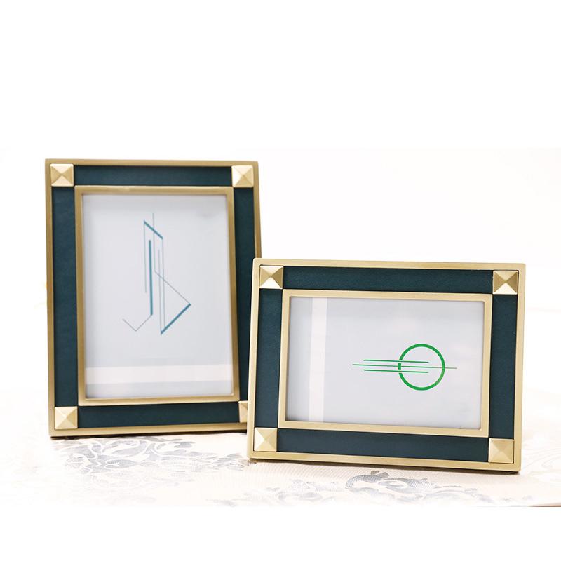 Gold and Dark Green Brass and Leather Picture Frame-Horizontal Placement