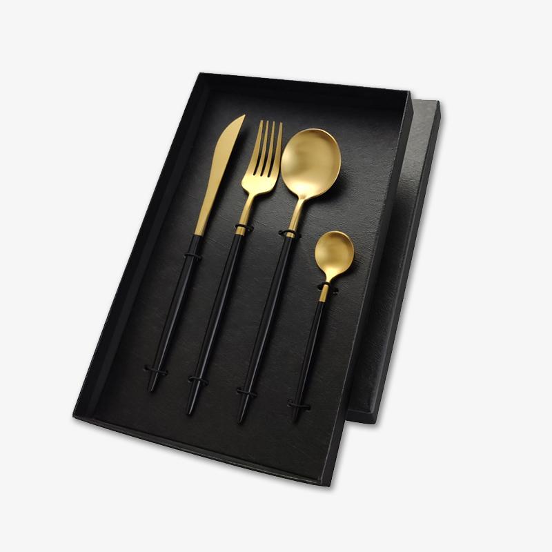 Classic Black Gold Stainless Steel Flatware Set in Gift Box (Set of 4)-Display