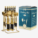 Black Gold Stainless Steel Flatware Set with Marble Handle 24 Pieces-Sets Details