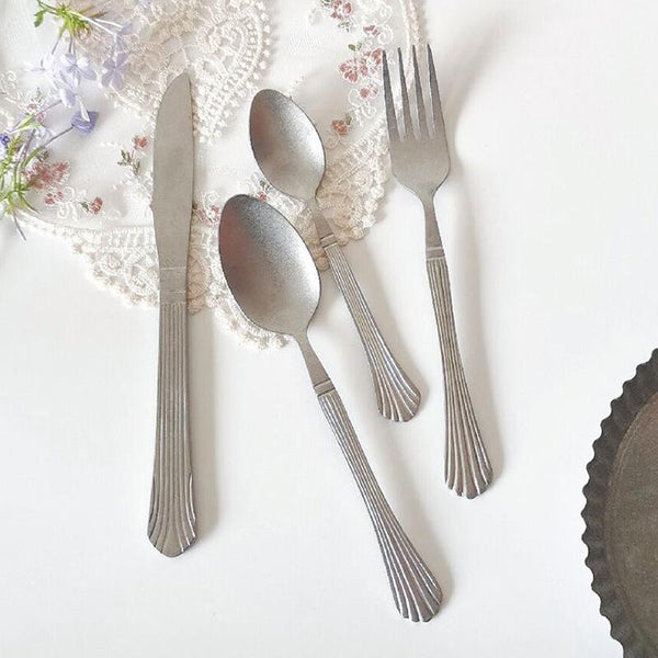 4 Piece Vintage Matte Silver Stainless Steel Flatware Set-Details