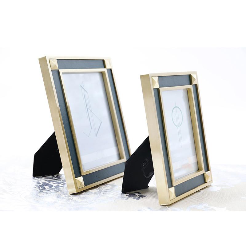 Gold and Dark Green Brass and Leather Picture Frame-Side