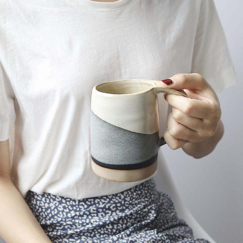 Beige Navy and Light Blue Ceramic Coffee Mug-13.5 oz.-Use Scene