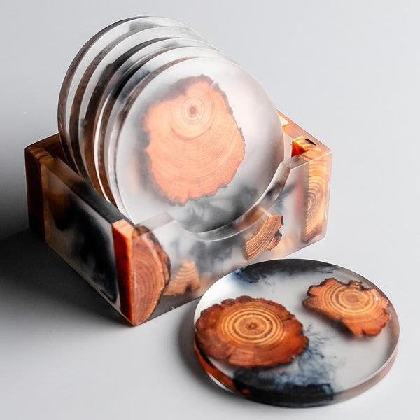 Pine & Resin Imprinted Round Coasters, Set of 6