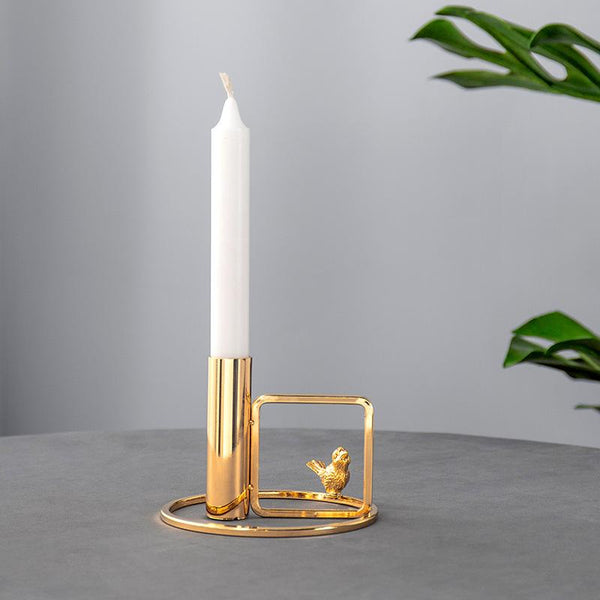 Simple Gold Metal Taper Candle Holder with Decorative Bird