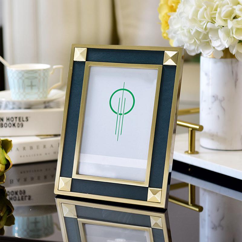 Gold and Dark Green Brass and Leather Picture Frame