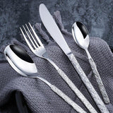 4 Pieces Silver Stainless Steel  Flatware Set with Stone-grained Handle-Head and Handle Details