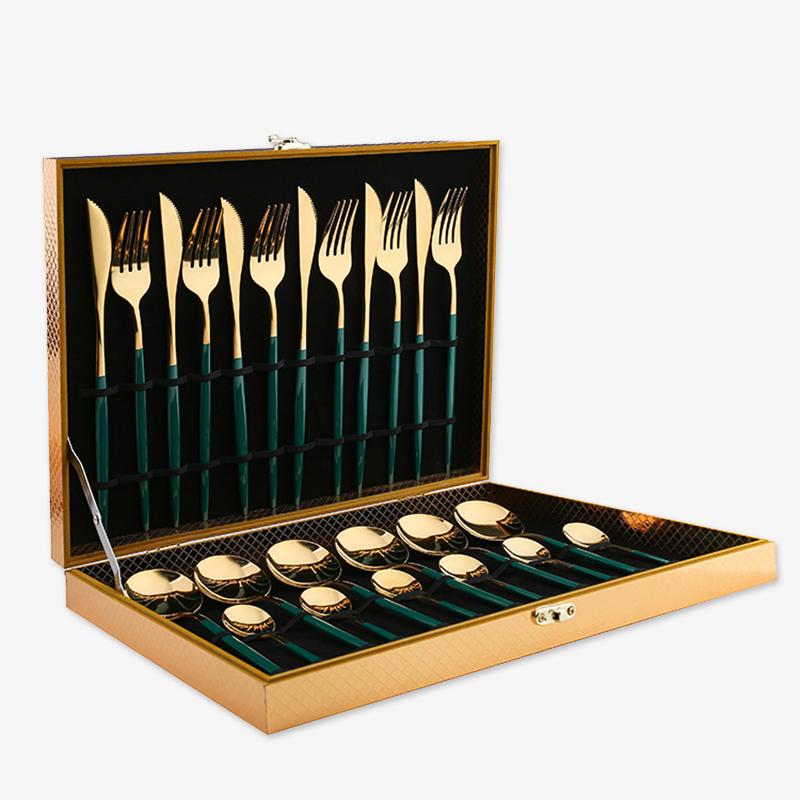 24 Pieces Green Gold Stainless Steel Flatware Set in Wooden Box-Display