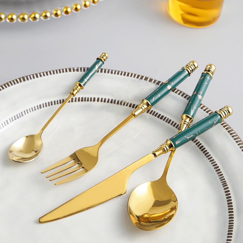 Green Gold Stainless Steel Flatware Set with Marble Handle 24 Pieces-Display Details