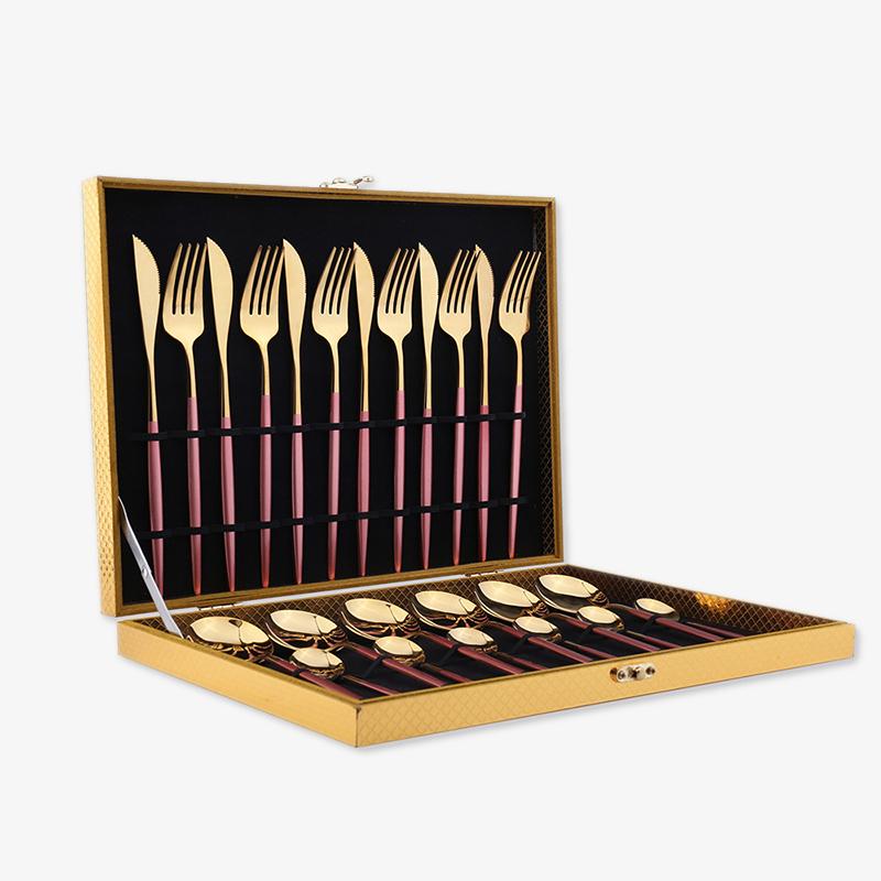 24 Pieces Pink Gold Stainless Steel Flatware Set in Wooden Box