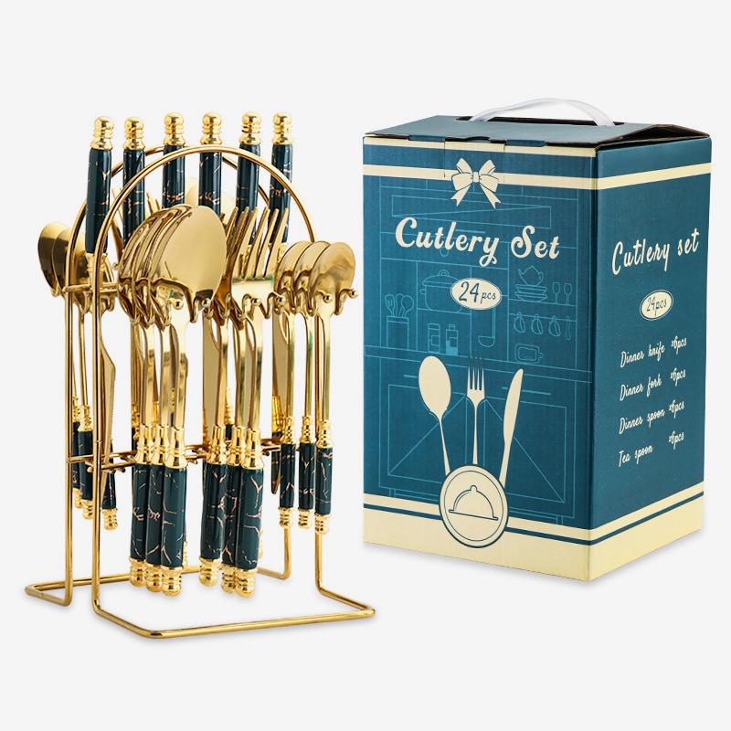 Green Gold Stainless Steel Flatware Set with Marble Handle 24 Pieces-Sets Details