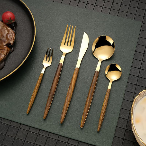 5 Pieces Stainless Steel Flatware Set with Brown Wood Handle