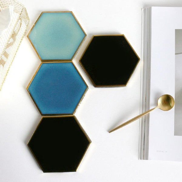 Hexagon Ceramic Coasters with Gold Edge, Set of 4-Front