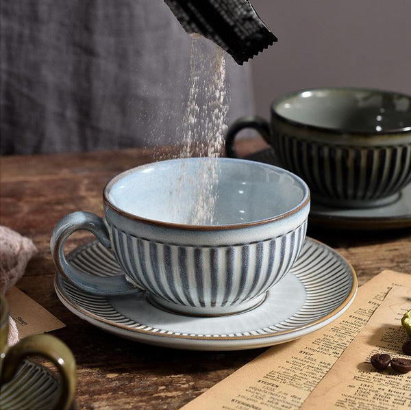 Blue White Stripes Stoneware Teacup-Front