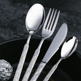 4 Pieces Silver Stainless Steel  Flatware Set with Stone-grained Handle-Head Details