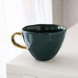 Hammered Dark Green Porcelain Coffee Mug with Gold Handle