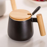 Matte Black Ceramic Coffee Mug with Wooden Handle and Lid-Details