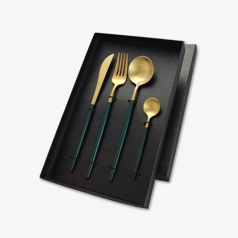 Classic Green Gold Stainless Steel Flatware Set in Gift Box (Set of 4)-Display