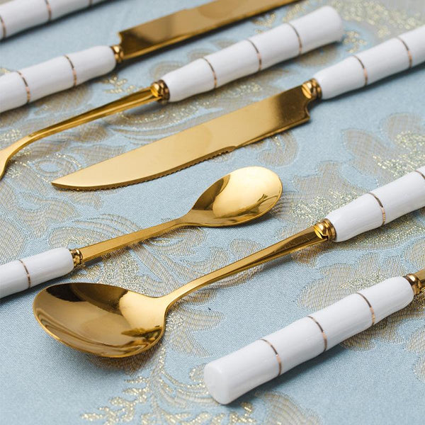 4 Pieces Gold and White Stainless Steel Flatware Set with Ceramic Handle-Head Details