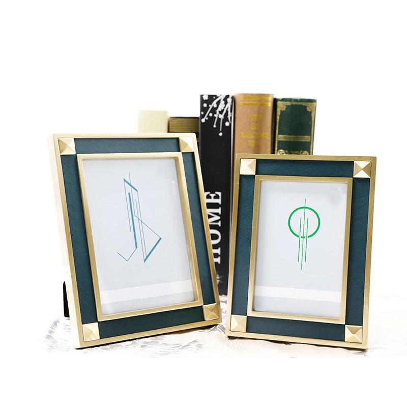 Gold and Dark Green Brass and Leather Picture Frame-4'' x 6'', 5'' x 7''