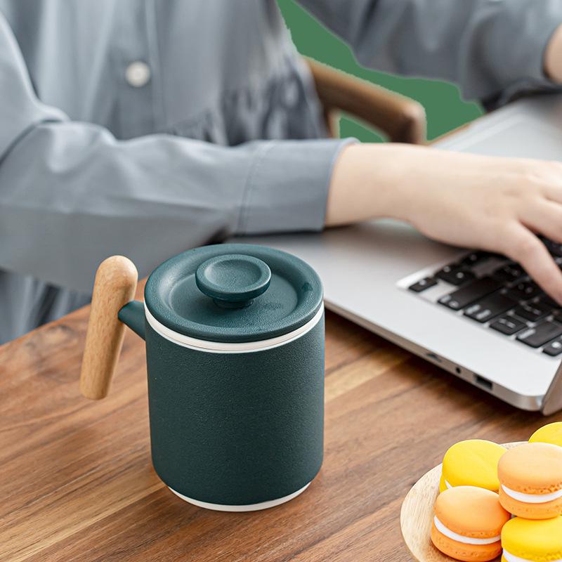 Green Porcelain Coffee Mug with Wooden Handle