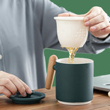 Green Porcelain Coffee Mug with Wooden Handle-Tea