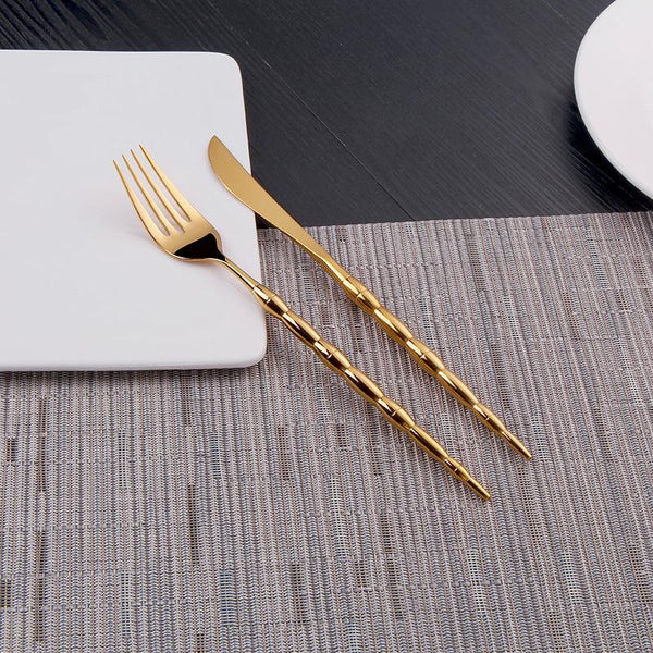 4 Pieces Gold Stainless Steel Flatware Set with Creative Handle-Fork and Knife Details