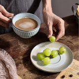 Blue White Stripes Stoneware Teacup-Tray Details