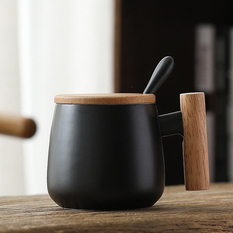 Ceramic Coffee Mug with Wooden Handle and Lid