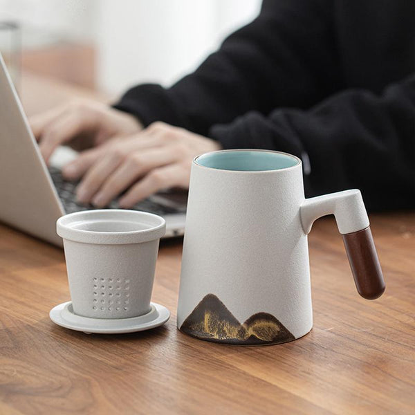 White Ceramic Coffee Mug with Wooden Handle