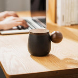 Stoneware Coffee Mug with Wooden Lid and Spherical Handle-10 oz.