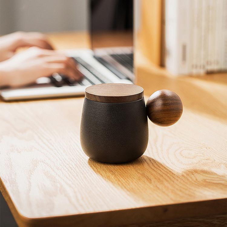 Stoneware Coffee Mug with Wooden Lid and Spherical Handle-10 oz.