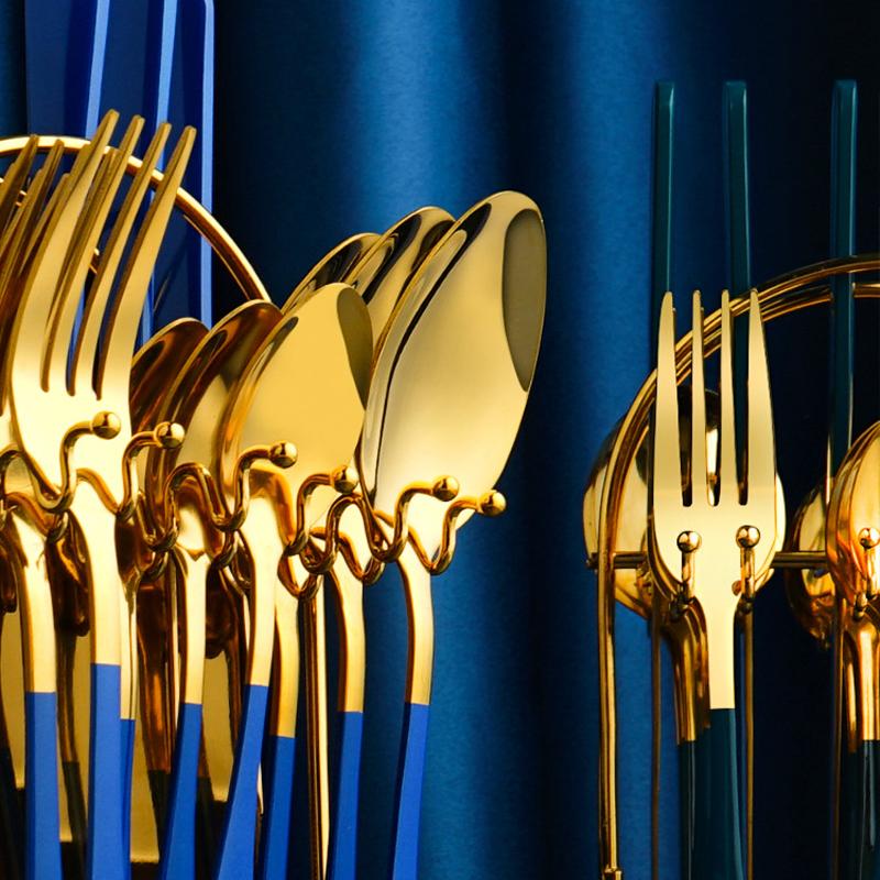 24 Pieces Blue Gold Stainless Steel Flatware Set with Painted Handle-Head Details