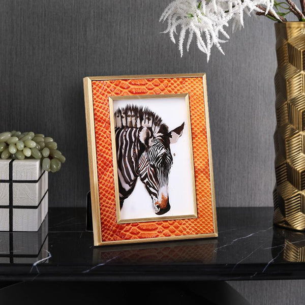 Gold and Orange Solid Wood and Leather Picture Frame- Side