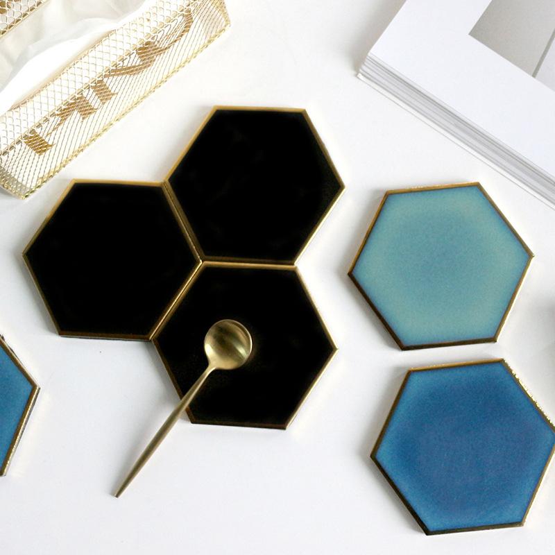 Hexagon Ceramic Coasters with Gold Edge, Set of 4