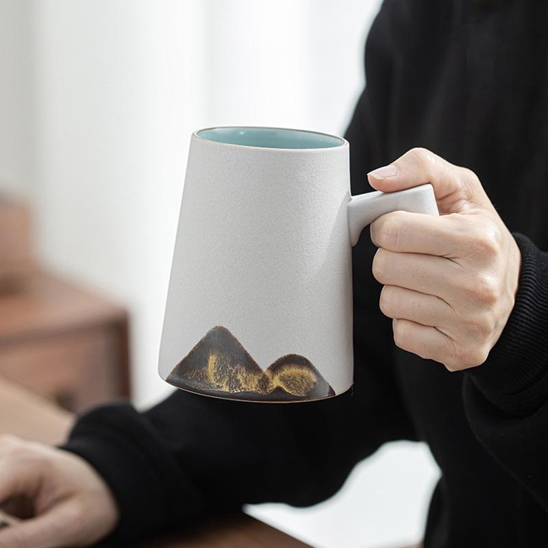 White Ceramic Coffee Mug with Wooden Handle-Scene