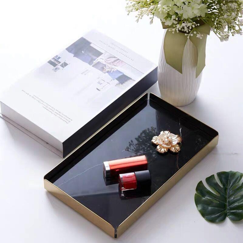 Marble Jewelry Tray with Removable Metal Frame-Black-Front