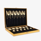 24 Pieces Black Gold Stainless Steel Flatware Set in Wooden Box-Display