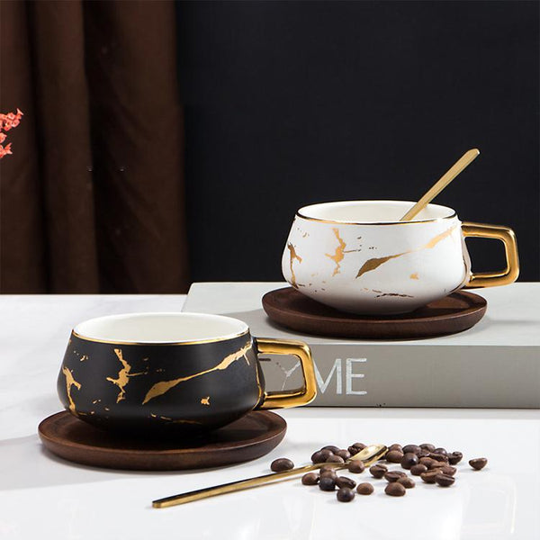 Ceramic Teacup Set in Matte Black and White with Wooden Tray